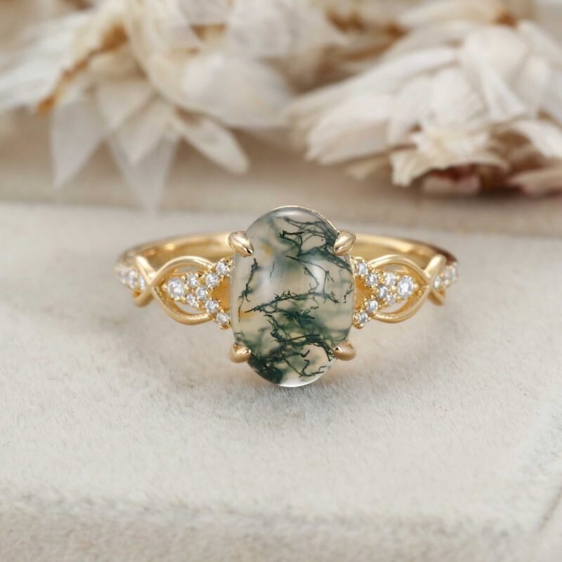 Oval Shaped Moss Agate Ring Vintage Rose Gold Engagement Ring Crossed Diamond Bridal Ring Half Eternity Twisted Ring Delicate Marriage Ring