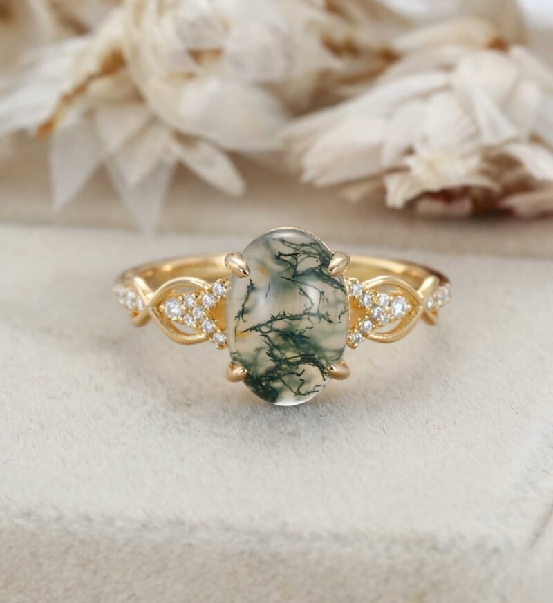 Oval Shaped Moss Agate Ring Vintage Rose Gold Engagement Ring Crossed Diamond Bridal Ring Half Eternity Twisted Ring Delicate Marriage Ring