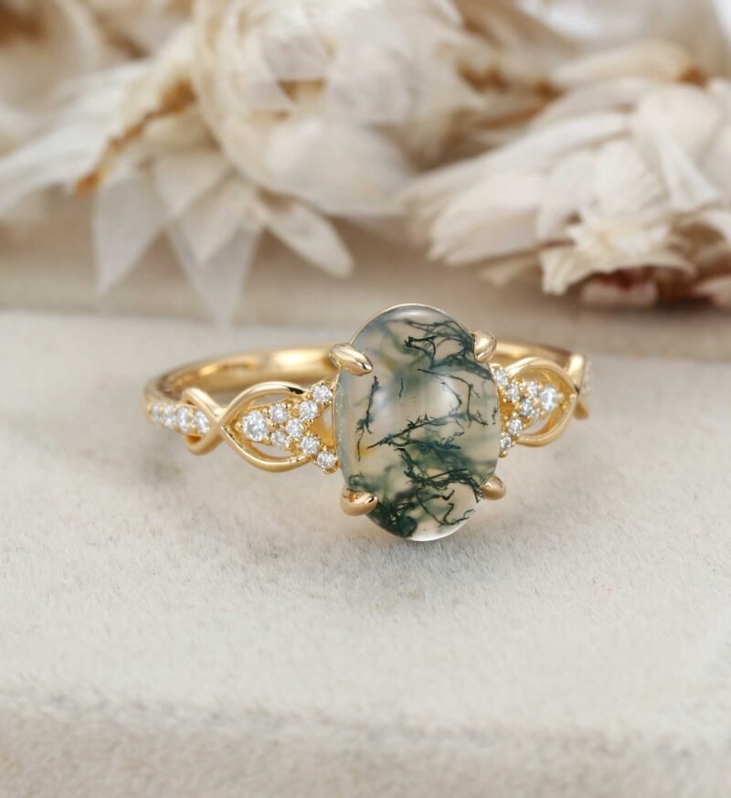 Oval Shaped Moss Agate Ring Vintage Rose Gold Engagement Ring Crossed Diamond Bridal Ring Half Eternity Twisted Ring Delicate Marriage Ring