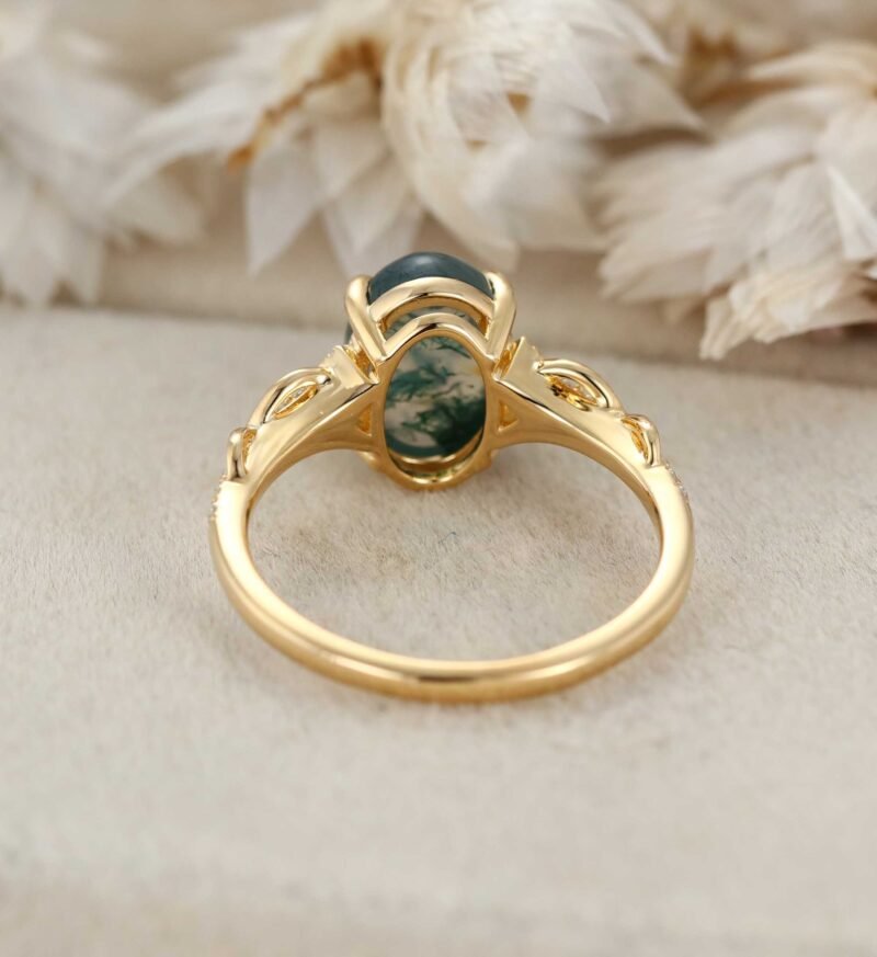 Oval Shaped Moss Agate Ring Vintage Rose Gold Engagement Ring Crossed Diamond Bridal Ring Half Eternity Twisted Ring Delicate Marriage Ring