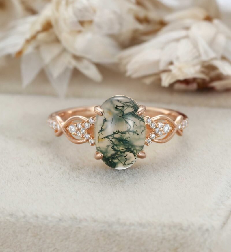 Oval Shaped Moss Agate Ring Vintage Rose Gold Engagement Ring Crossed Diamond Bridal Ring Half Eternity Twisted Ring Delicate Marriage Ring