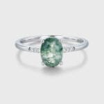 Oval Shaped Natural Moss Agate and Diamond Engagement Ring 14K White Gold