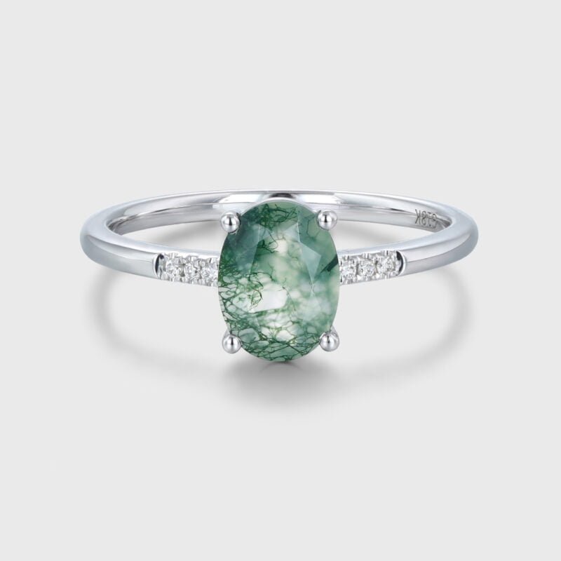 Oval Shaped Natural Moss Agate Engagement Ring 14K White Gold Engagement Ring Unique Diamond Wedding Ring Bridal Gift For Her