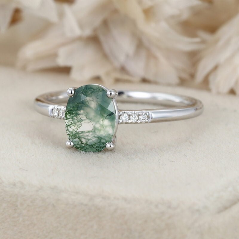 Oval Shaped Natural Moss Agate Engagement Ring 14K White Gold Engagement Ring Unique Diamond Wedding Ring Bridal Gift For Her