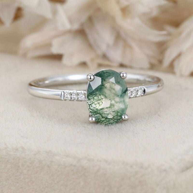 Oval Shaped Natural Moss Agate Engagement Ring 14K White Gold Engagement Ring Unique Diamond Wedding Ring Bridal Gift For Her