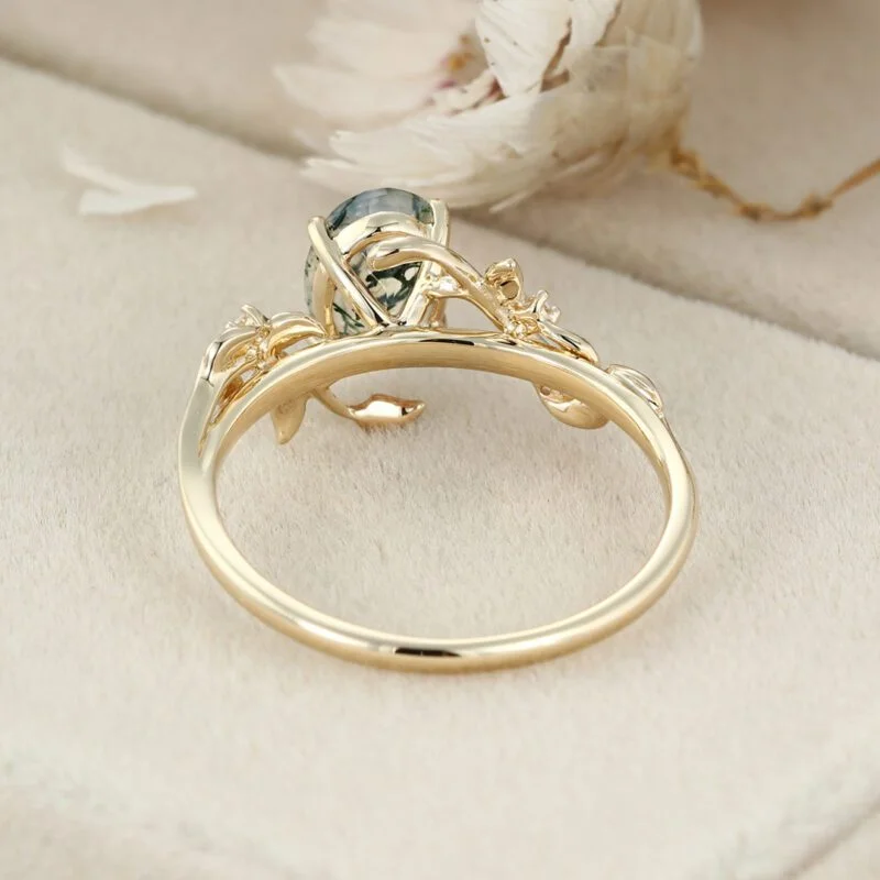 Oval Shaped Natural Moss Agate Engagement Ring Unique Yellow Gold Branch Design Solitaire Ring Vintage Leaf Wedding Ring Anniversary Gift ring