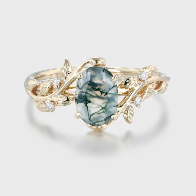 8x6mm Oval Shaped Natural Moss Agate Engagement Ring, crafted in 14K Yellow Gold