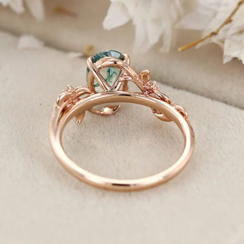Oval Shaped Natural Moss Agate Engagement Ring Vintage Rose Gold Branch Design Solitaire Ring Unique Leaf Wedding Ring Anniversary Gift ring