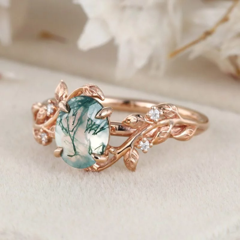 Oval Shaped Natural Moss Agate Engagement Ring Vintage Rose Gold Branch Design Solitaire Ring Unique Leaf Wedding Ring Anniversary Gift ring