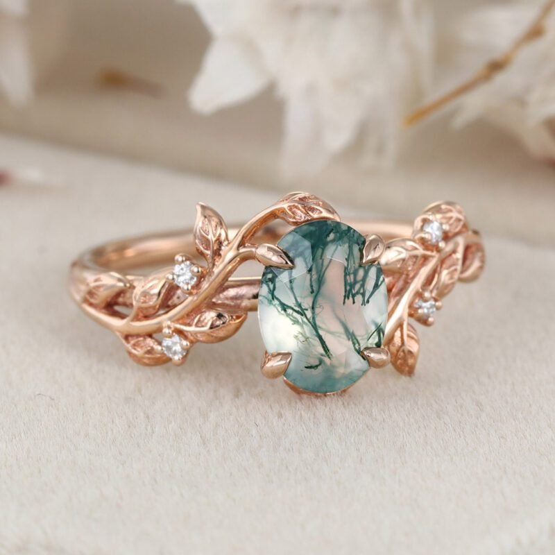 Oval Shaped Natural Moss Agate Engagement Ring Vintage Rose Gold Branch Design Solitaire Ring Unique Leaf Wedding Ring Anniversary Gift ring