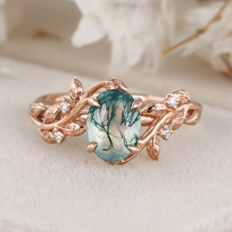 Oval Shaped Natural Moss Agate Engagement Ring Vintage Rose Gold Branch Design Solitaire Ring Unique Leaf Wedding Ring Anniversary Gift ring