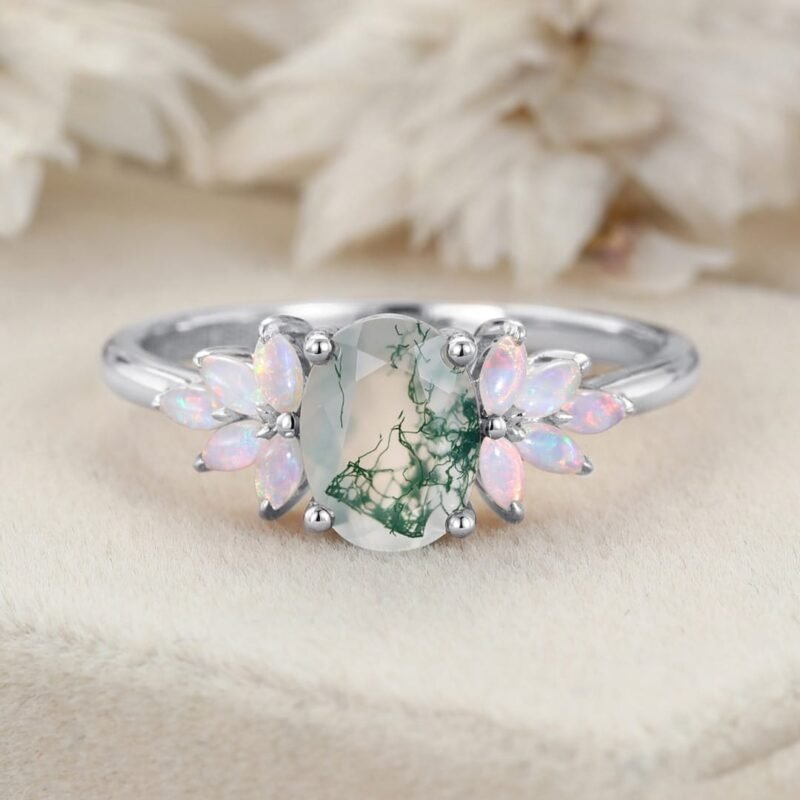 Oval Shaped Natural Moss Agate Engagement Ring Vintage Rose Gold Cluster Ring Marquise Opal Wedding Bridal Promise Gift For Her