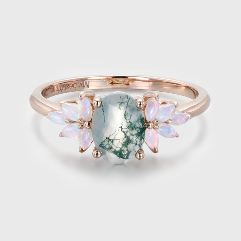 Oval Shaped Natural Moss Agate Engagement Ring Vintage Rose Gold Cluster Ring Marquise Opal Wedding Bridal Promise Gift For Her