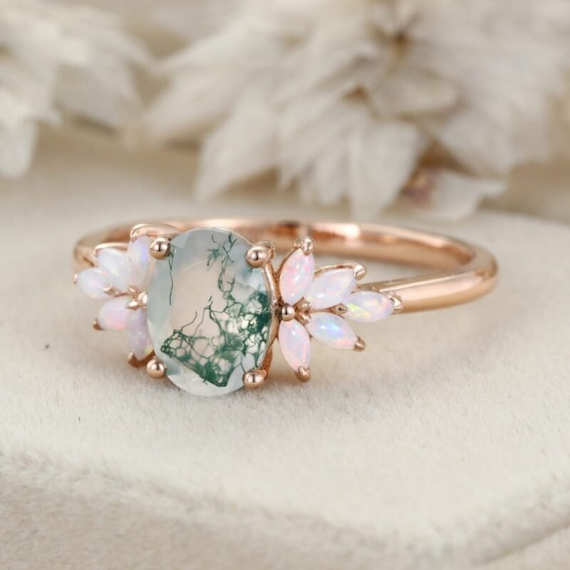 Oval Shaped Natural Moss Agate Engagement Ring Vintage Rose Gold Cluster Ring Marquise Opal Wedding Bridal Promise Gift For Her