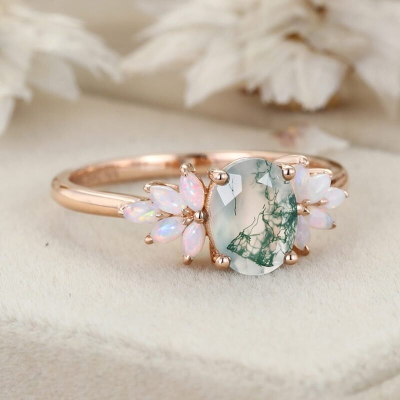 Oval Shaped Natural Moss Agate Engagement Ring Vintage Rose Gold Cluster Ring Marquise Opal Wedding Bridal Promise Gift For Her