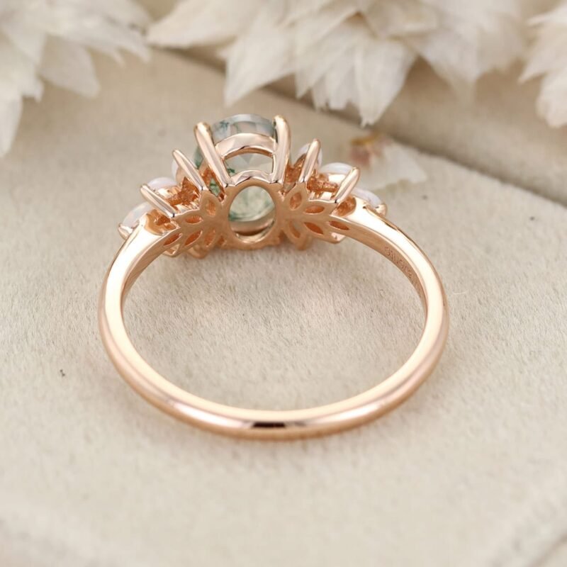 Oval Shaped Natural Moss Agate Engagement Ring Vintage Rose Gold Cluster Ring Marquise Opal Wedding Bridal Promise Gift For Her