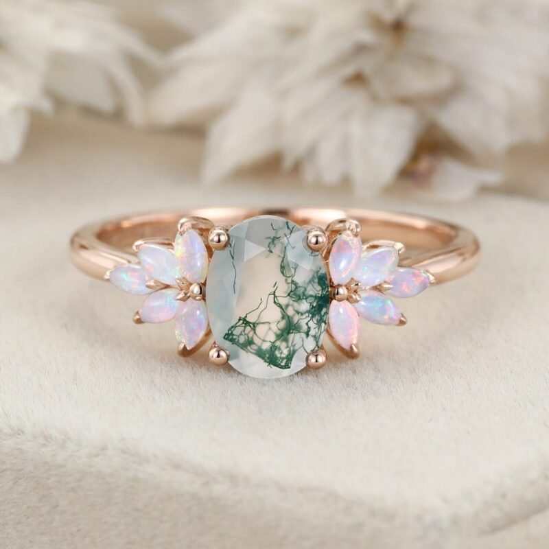 Oval Shaped Natural Moss Agate Engagement Ring Vintage Rose Gold Cluster Ring Marquise Opal Wedding Bridal Promise Gift For Her