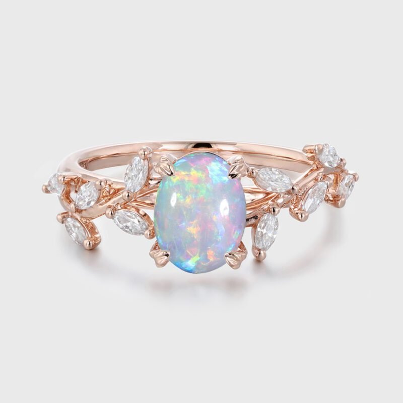 Oval Shaped Opal Engagement Ring Branch Marquise Moissanite Cluster Ring 14K Rose Gold Ring