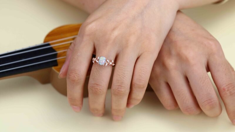 Oval Shaped Opal Engagement Ring Branch Marquise Moissanite Cluster Ring 14K Rose Gold Ring