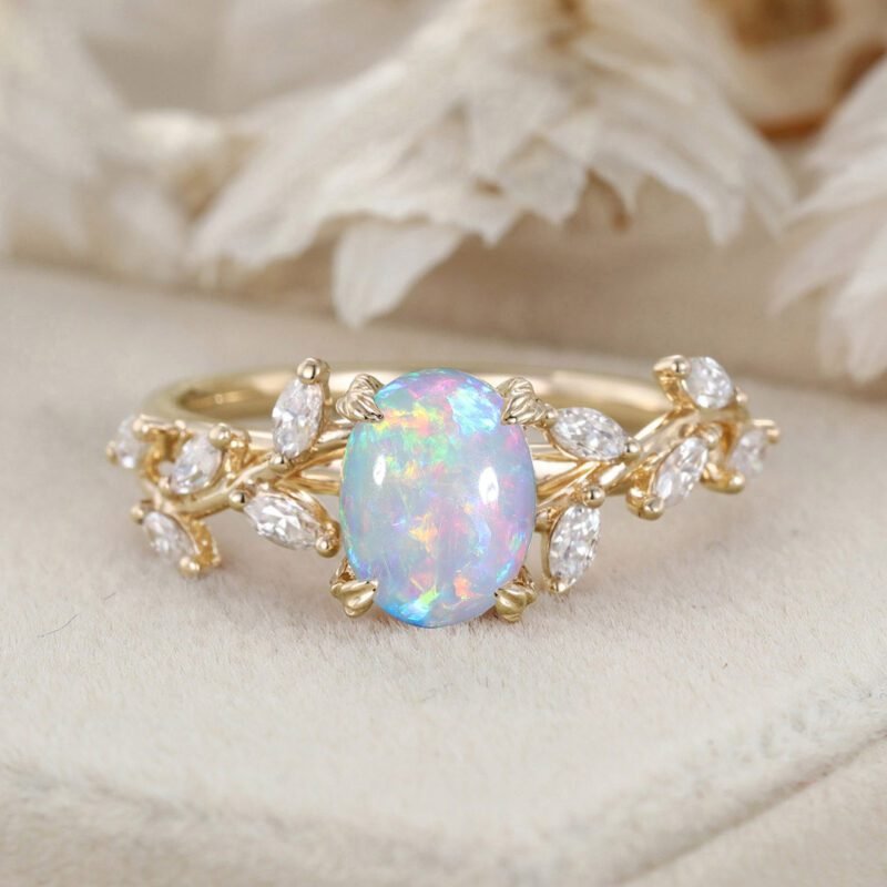Oval Shaped Opal Engagement Ring Branch Marquise Moissanite Cluster Ring 14K Rose Gold Ring