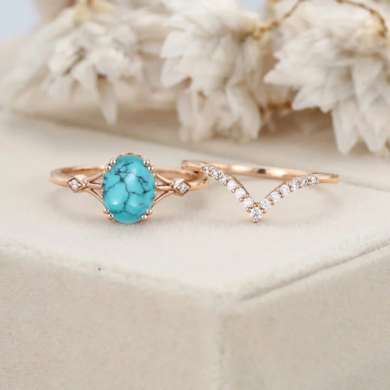 Oval Turquoise engagement ring set Unique Vintage rose gold engagement ring woman DiamondMoissanite wedding ring Anniversary gift