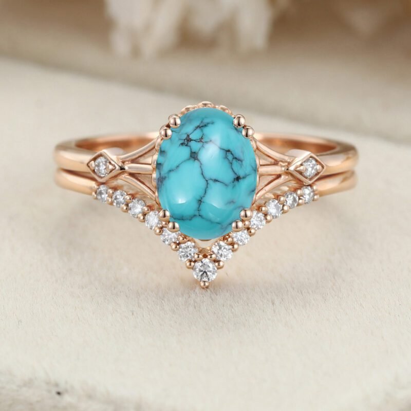 Oval Turquoise engagement ring set Unique Vintage rose gold engagement ring woman DiamondMoissanite wedding ring Anniversary gift