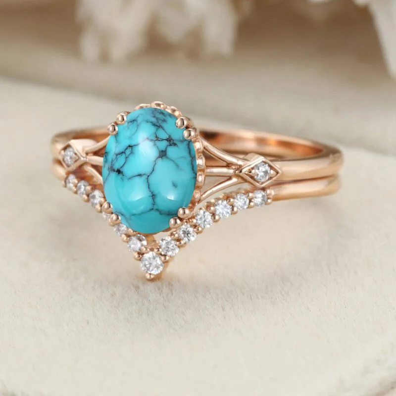 Oval Turquoise engagement ring set Unique Vintage rose gold engagement ring woman DiamondMoissanite wedding ring Anniversary gift