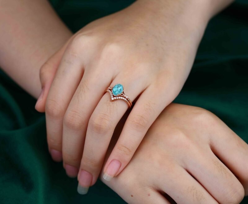 Oval Turquoise engagement ring set Unique Vintage rose gold engagement ring woman DiamondMoissanite wedding ring Anniversary gift