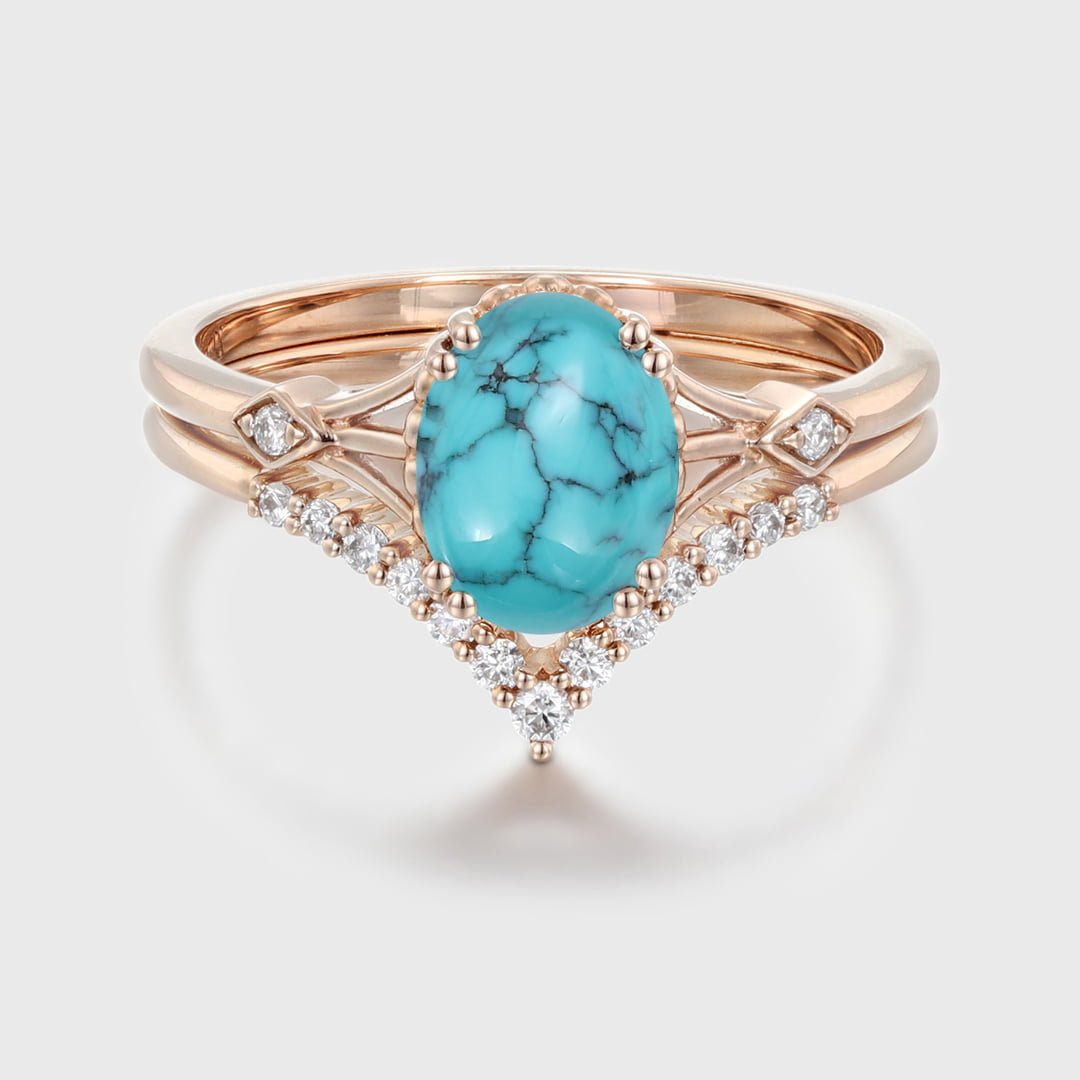 Oval Turquoise engagement ring set Unique Vintage rose gold engagement ring woman DiamondMoissanite wedding ring Anniversary gift