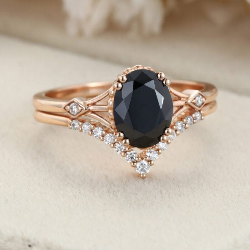Oval cut Black Onyx engagement ring set Vintage 14K Rose gold engagement ring diamond engagement Stacking Promise Anniversary gift for her