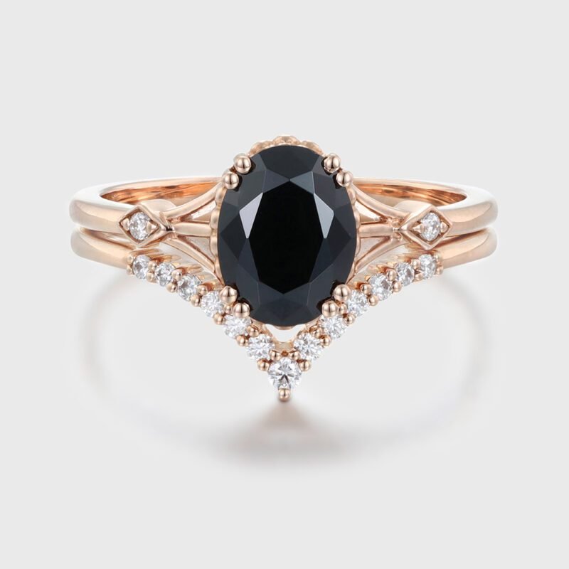 Oval Cut Black Onyx Bridal Ring Set 14k Rose Gold Engagement Promise Anniversary Gift For Women