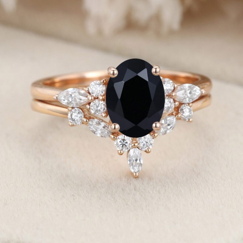 Oval cut Black Onyx engagement ring set vintage rose gold engagement ring Marquise Cluster ring diamond wedding Bridal Promise Anniversary gift