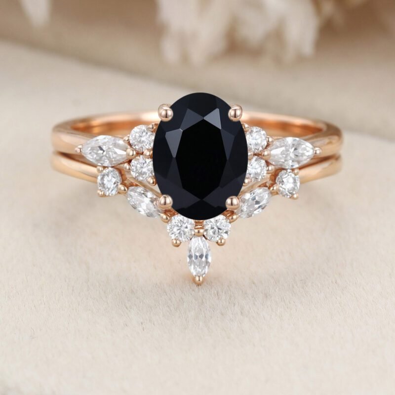 Oval cut Black Onyx engagement ring set vintage rose gold engagement ring Marquise Cluster ring diamond wedding Bridal Promise Anniversary gift