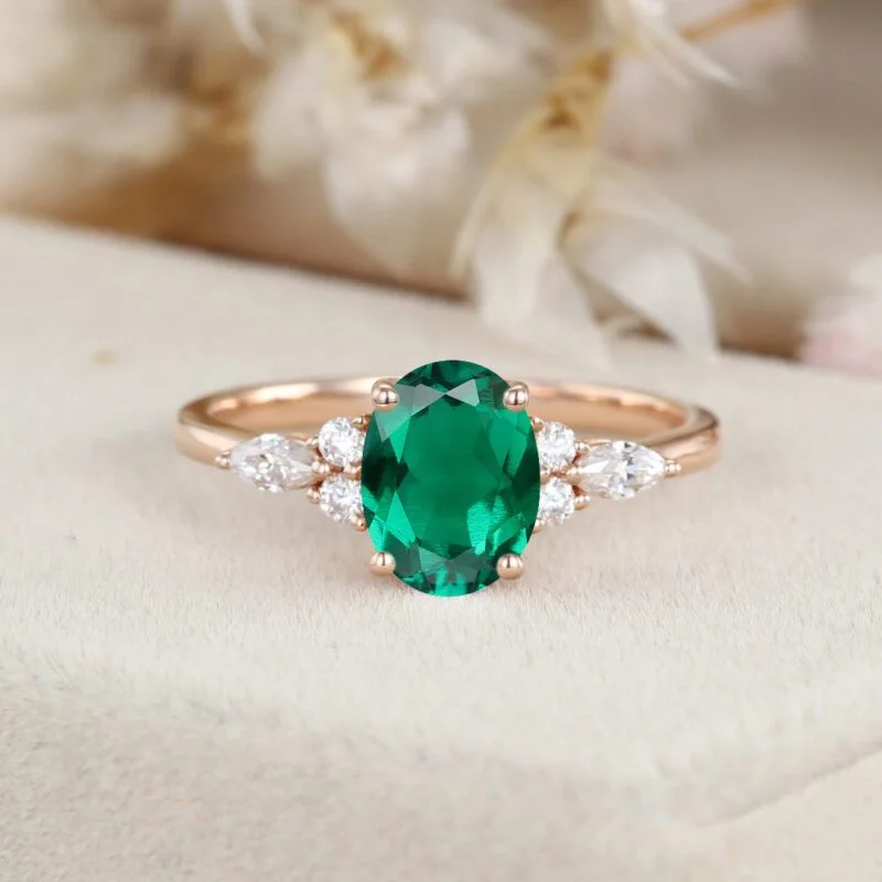 Oval cut Emerald engagement ring Rose gold unique Vintage engagement ring Marquise ring Cluster engagement ring Bridal promise Anniversary