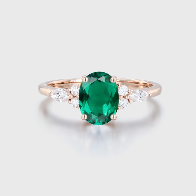 Oval Cut 8X6 mm Emerald Birthstone Ring 14K Rose Gold Cluster Engagement Ring Bridal Promise Anniversary