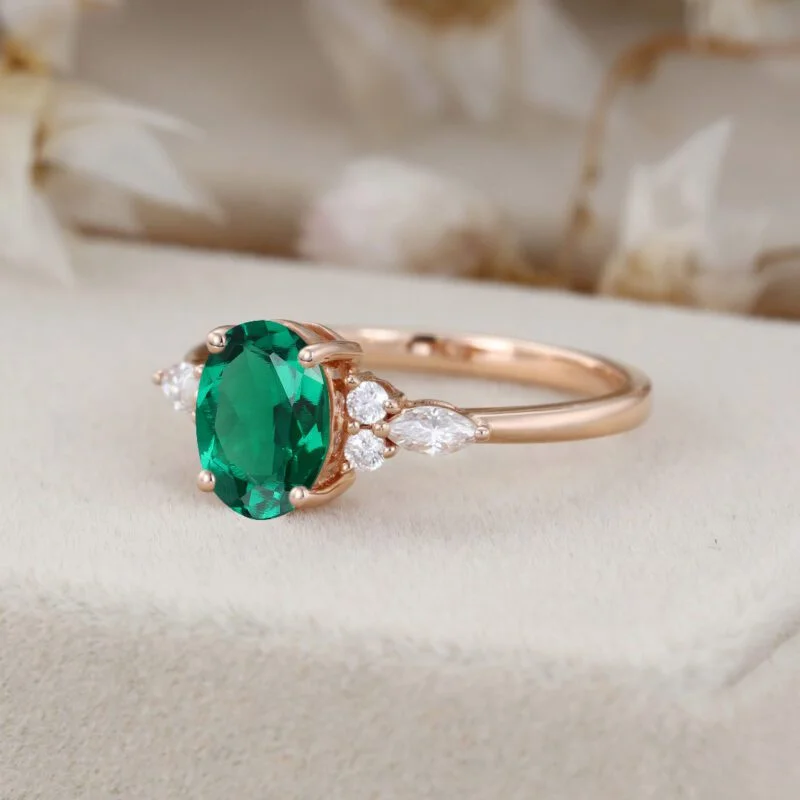 Oval cut Emerald engagement ring Rose gold unique Vintage engagement ring Marquise ring Cluster engagement ring Bridal promise Anniversary