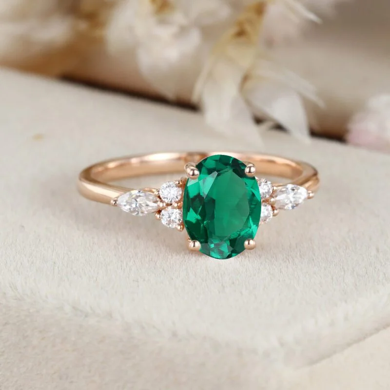 Oval cut Emerald engagement ring Rose gold unique Vintage engagement ring Marquise ring Cluster engagement ring Bridal promise Anniversary