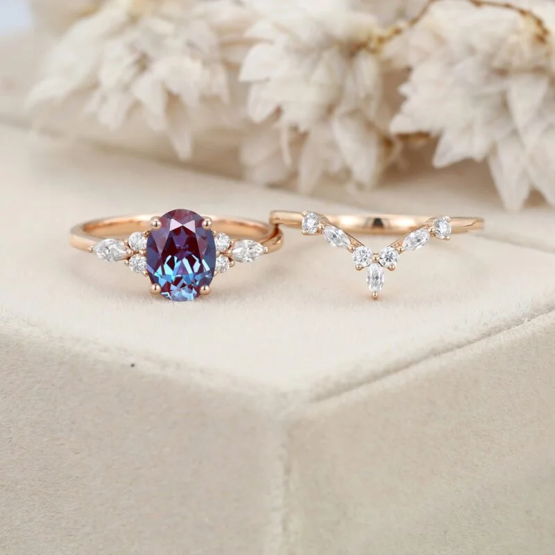 Oval cut Lab Alexandrite engagement ring set vintage rose gold engagement ring Marquise Cluster ring diamond wedding Bridal Promise ring