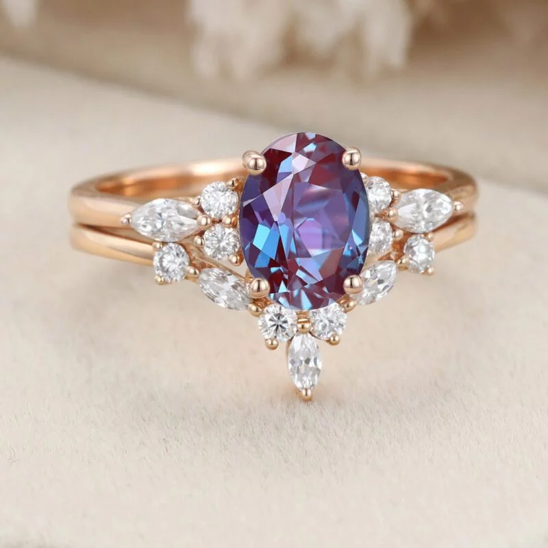 Oval cut Lab Alexandrite engagement ring set vintage rose gold engagement ring Marquise Cluster ring diamond wedding Bridal Promise ring