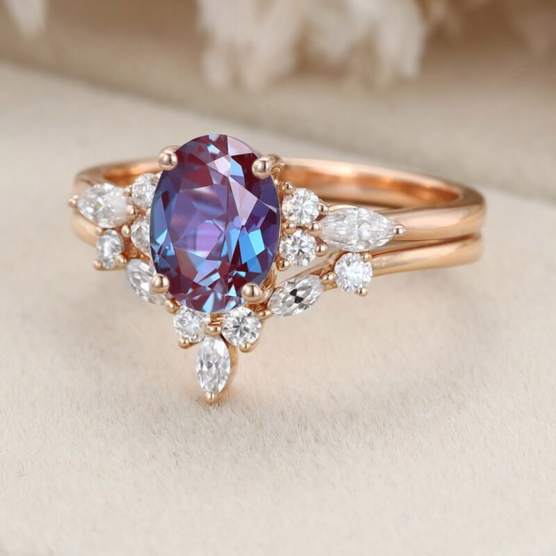 Oval cut Lab Alexandrite engagement ring set vintage rose gold engagement ring Marquise Cluster ring diamond wedding Bridal Promise ring