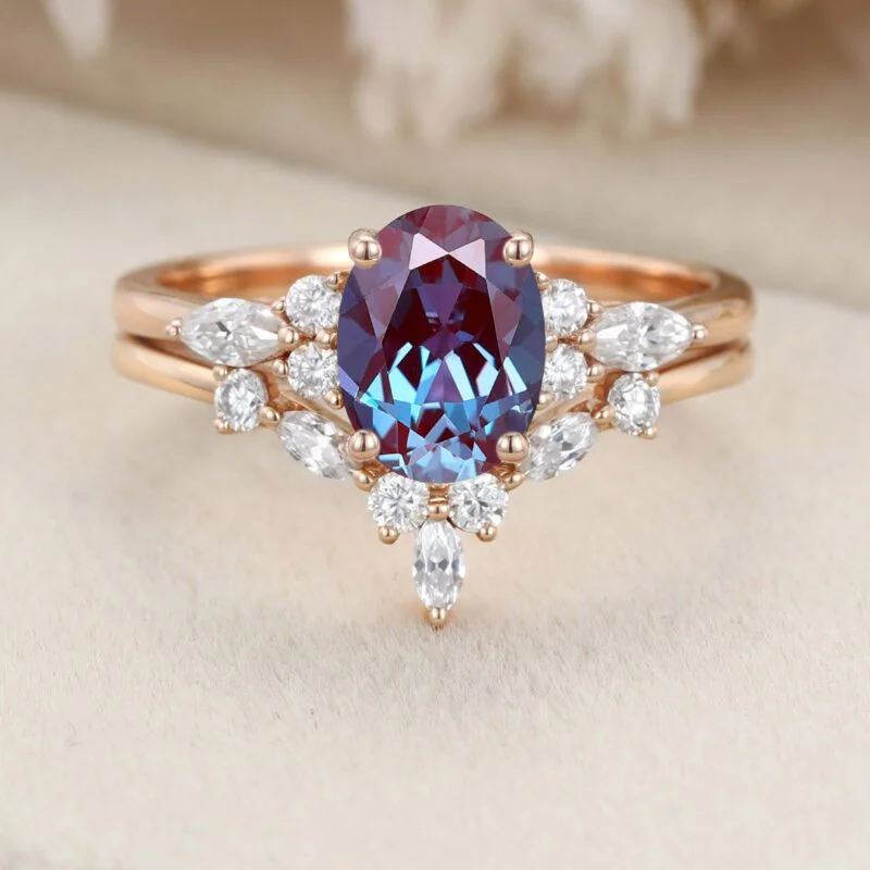 Oval cut Lab Alexandrite engagement ring set vintage rose gold engagement ring Marquise Cluster ring diamond wedding Bridal Promise ring