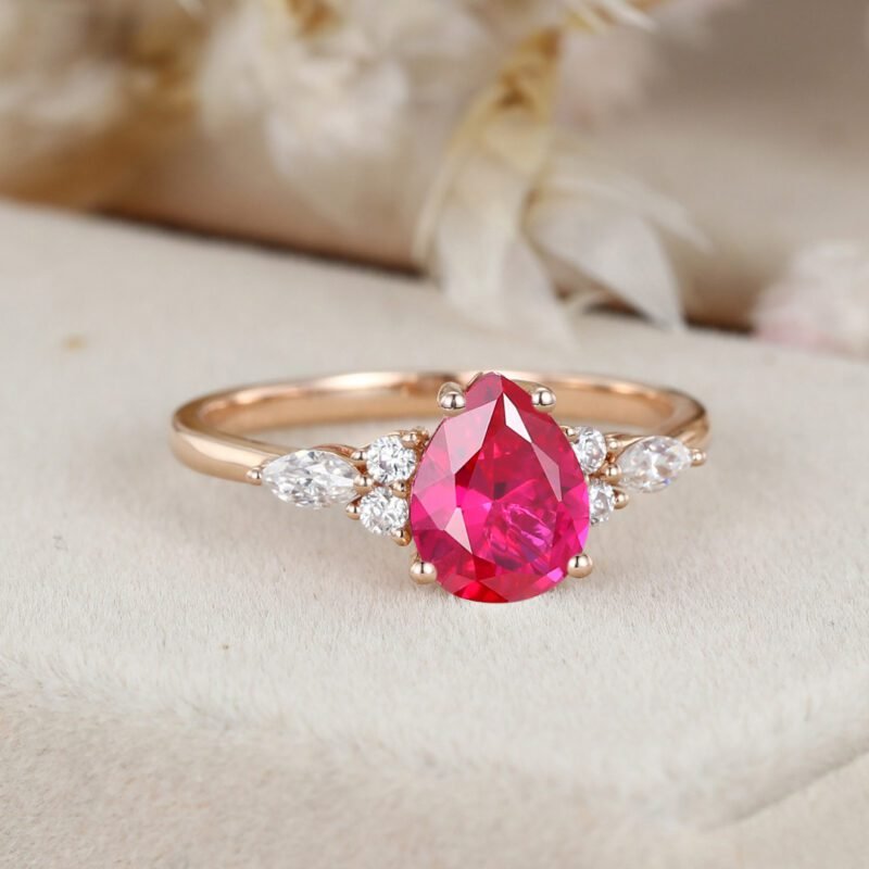 Oval cut Lab Ruby engagement ring Unique Art deco rose gold marquise cut moissanite ring for women Unique wedding anniversary gift