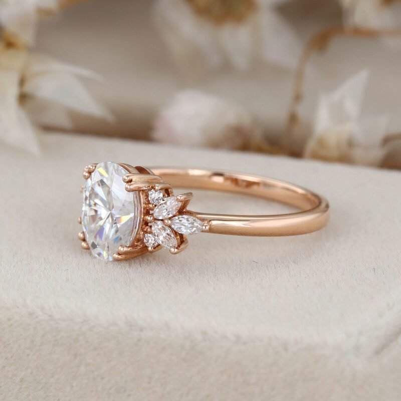Oval cut Moissanite engagement ring Vintage Rose gold engagement ring Cluster ring Art Deco marquise ring Bridal Promise Anniversary gift