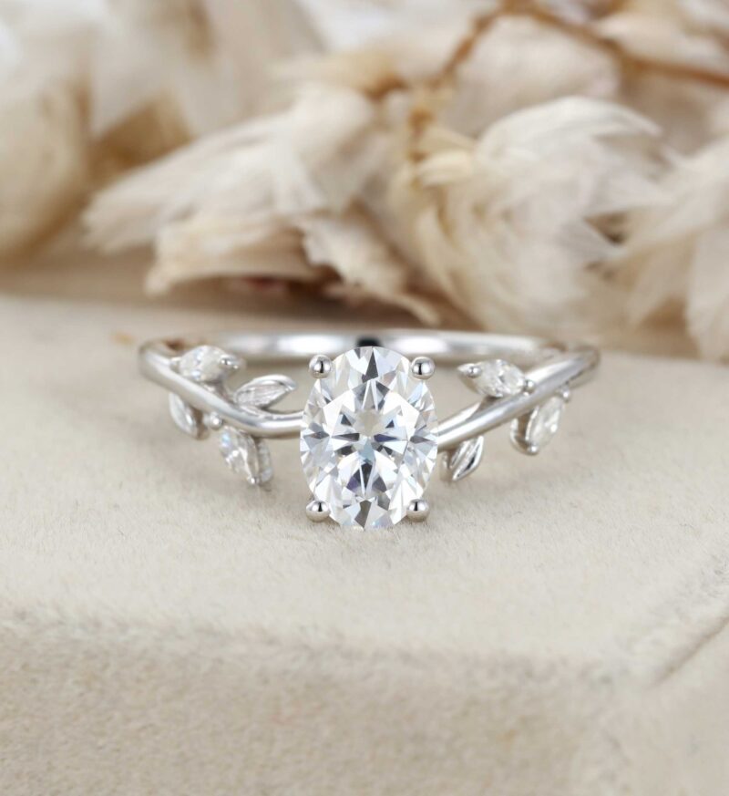 Oval cut Moissanite engagement ring Vintage White gold nature inspired ring Unique diamond engagement ring Bridal promise Anniversary