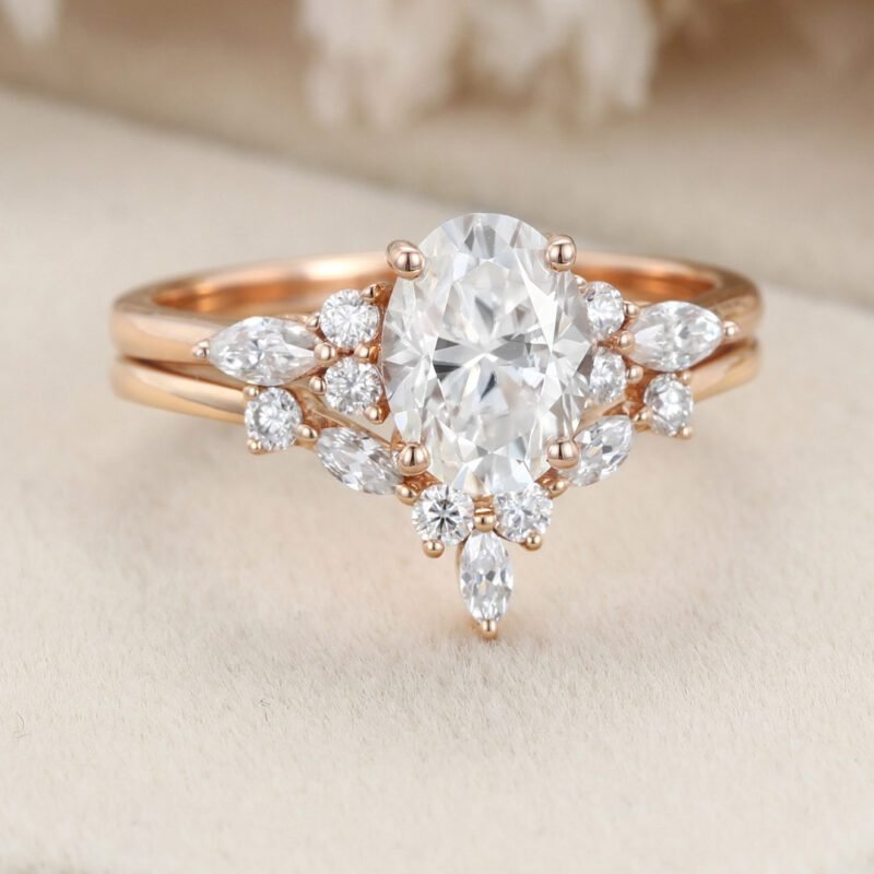 Oval cut Moissanite engagement ring set vintage rose gold engagement ring women Marquise Cluster ring diamond wedding Bridal Promise ring