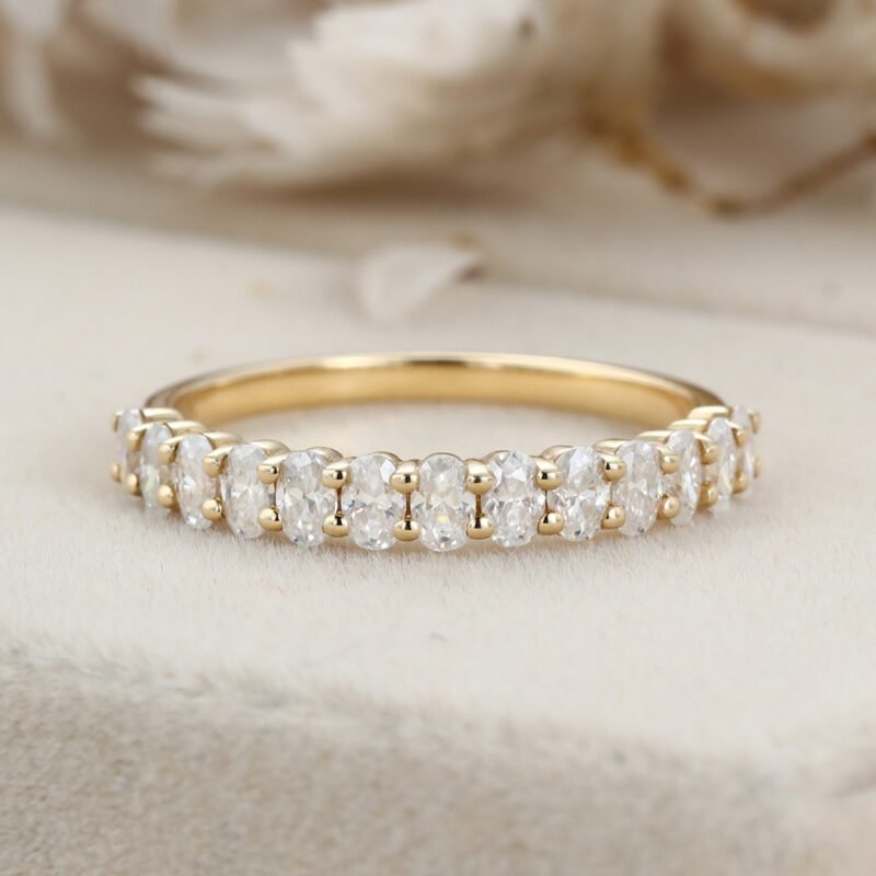 Oval cut Moissanite wedding band women Unique Half eternity yellow gold wedding band vintage Stacking Matching bridal promise gift for her
