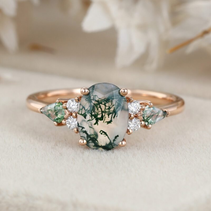 Oval cut Moss Agate engagement ring Vintage 14K Rose gold Ring Unique Cluster kite cut green Agate moissanite wedding ring Anniversary gift