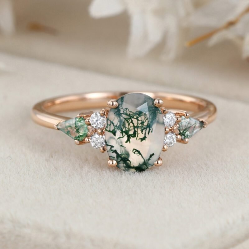 Oval cut Moss Agate engagement ring Vintage 14K Rose gold Ring Unique Cluster kite cut green Agate moissanite wedding ring Anniversary gift