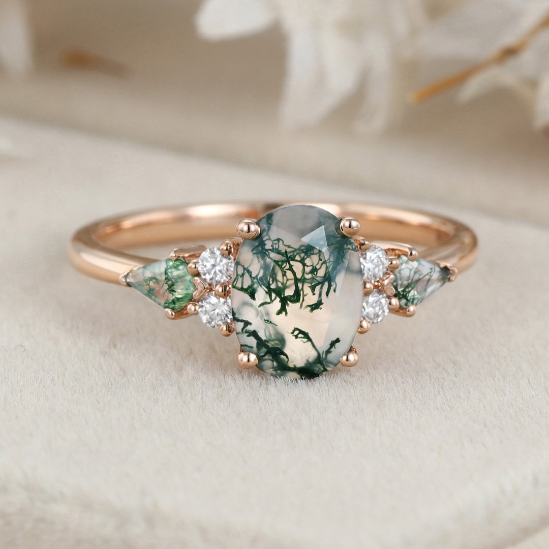 Oval cut Moss Agate engagement ring Vintage 14K Rose gold Ring Unique Cluster kite cut green Agate moissanite wedding ring Anniversary gift 5