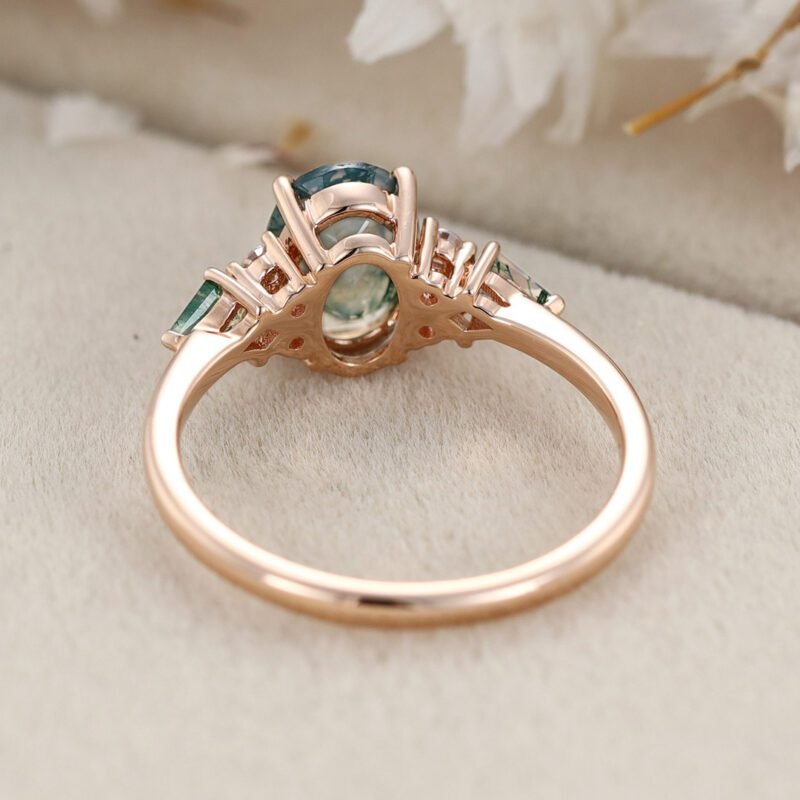 Oval cut Moss Agate engagement ring Vintage 14K Rose gold Ring Unique Cluster kite cut green Agate moissanite wedding ring Anniversary gift